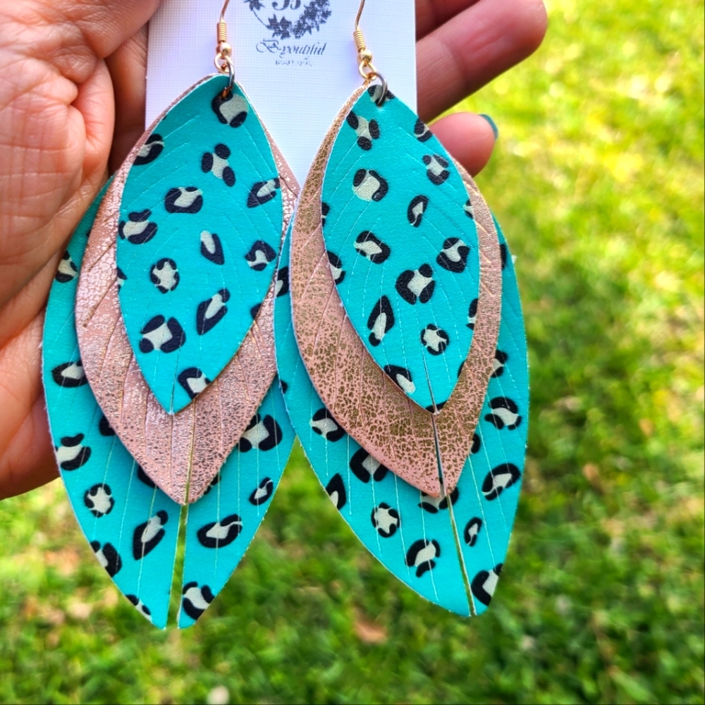 Faux leather dangle earrings turquoise casual leopard with gold, animal print,
